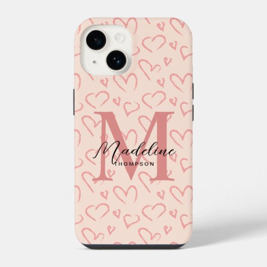 Niedliche Pastellrosa Herz-Muster-Script Monogram iPhone Hülle (Rückseite)