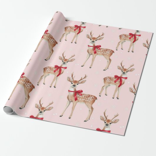 Niedliche Pastellrosa mit Hirsch und Rotem Bow Geschenkpapier (Ungerollt)