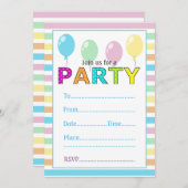 Niedliche Pastellstreifen und Balloons zum Geburts Einladung (Vorne/Hinten)