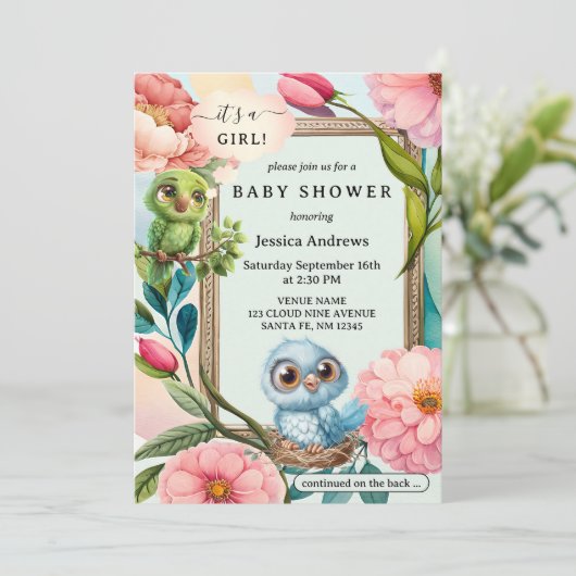 Niedliche Pastellvögel Aquarell Blume Kinderdusche Einladung (Stehend Vorderseite)