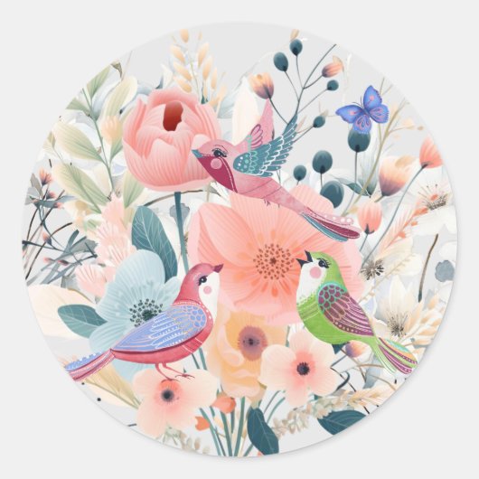 Niedliche PastelSpring Wasserfarben Blumenvögel Runder Aufkleber (Vorderseite)