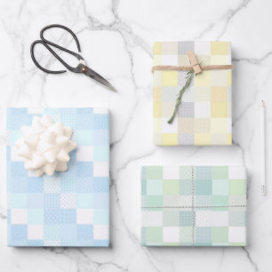Niedliche Patchwork Pastel Lemon, Blau und Grün Geschenkpapier Set