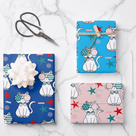 Niedliche Patriotische Katzen Sprinkles Sternenmus Geschenkpapier Set (Vorderseite)