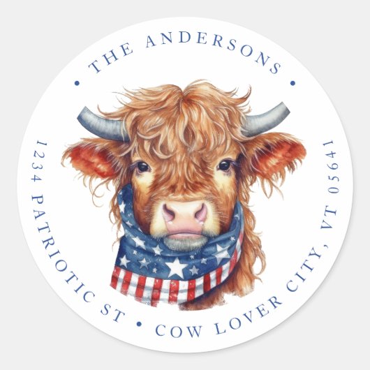Niedliche Patriotische Kuh 4. Juli Rücksendeadress Runder Aufkleber (Vorderseite)