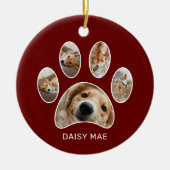 Niedliche Paw Print Pet Name Jahr FotoCollage Rot Keramik Ornament (Vorne)