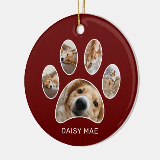 Niedliche Paw Print Pet Name Jahr FotoCollage Rot Keramik Ornament (Links)