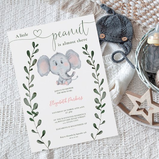Niedliche Peanut-Elefant-Grünschrift Babydusche Einladung