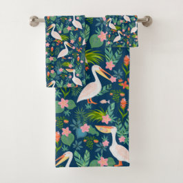 Niedliche pelikanische farbige tropische Blume Mus Badhandtuch Set