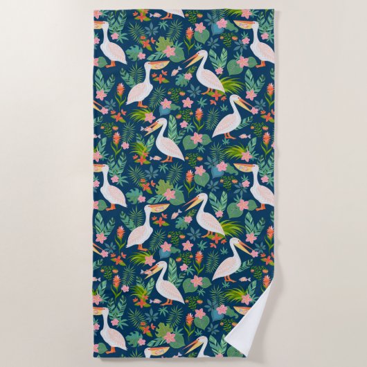 Niedliche pelikanische farbige tropische Blume Mus Strandtuch (Vorderseite)