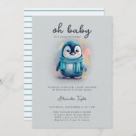 Niedliche Penguin Baby Cold Außenbereich Sweet Boy Einladung (Vorne/Hinten)