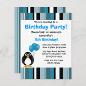 Niedliche Penguin-Geburtstags-blauer Einladung (Vorne/Hinten)