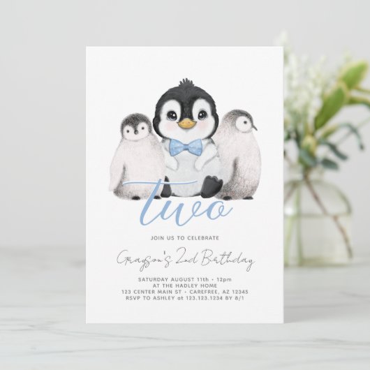 Niedliche Penguin Kinder 2. Geburtstag Einladung (Stehend Vorderseite)