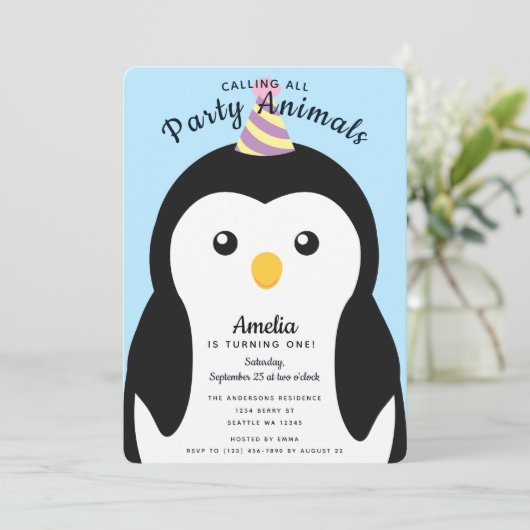 Niedliche Penguin Kinder erste Geburtstag Einladung (Stehend Vorderseite)