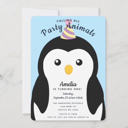 Niedliche Penguin Kinder erste Geburtstag Einladung (Vorderseite)