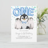Niedliche Penguin Kinder Erster 1. Geburtstag Einladung (Stehend Vorderseite)