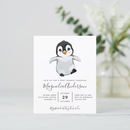 Niedliche Penguin Kinderdusche Einladung (Stehend Vorderseite)