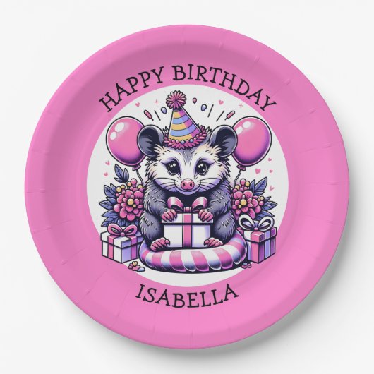 Niedliche Personalisierte Girl's Birthday Possum Pappteller (Vorderseite)