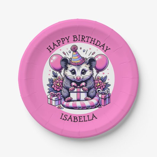 Niedliche Personalisierte Girl's Birthday Possum Pappteller (Vorderseite)