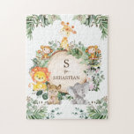 Niedliche Personalisierte Jungle Safari-Tiere Mono Puzzle<br><div class="desc">Dieses trendige Design besticht durch eine Gruppe von niedlichen Safari-Tieren und rustikalen botanischen Aquarellen. Personalisieren Sie es mit dem Namen Ihres Kindes,  indem Sie auf "Personalisieren" klicken.</div>