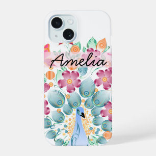 Niedliche Personalisierte Pfauenflora iPhone 15 Hülle