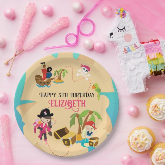 Niedliche Personalisierte Pink Girl Pirate Geburts Pappteller (Party)