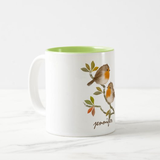 Niedliche Personalisierte Robin RedBrustvogel-Tass Zweifarbige Tasse (Vorderseite Links)