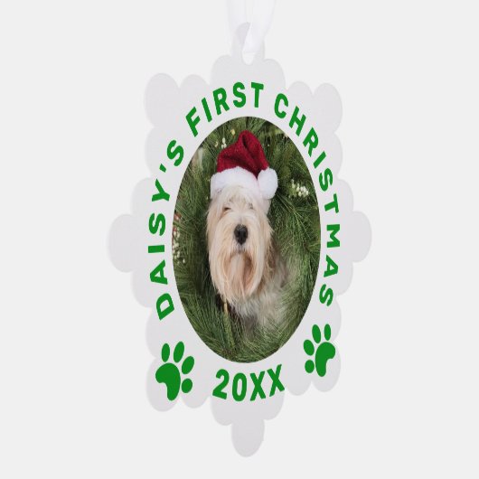 Niedliche Pet's First Christmas Green Paw Prints Ornament Karte (Rechts)