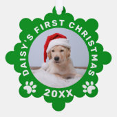 Niedliche Pet's First Christmas Green Paw Prints Ornament Karte (Rückseite)