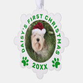 Niedliche Pet's First Christmas Green Paw Prints Ornament Karte (Linke Ecke)