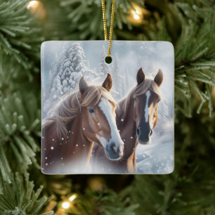 Niedliche Pferde im Schnee Weihnachtsfeiertag Keramikornament