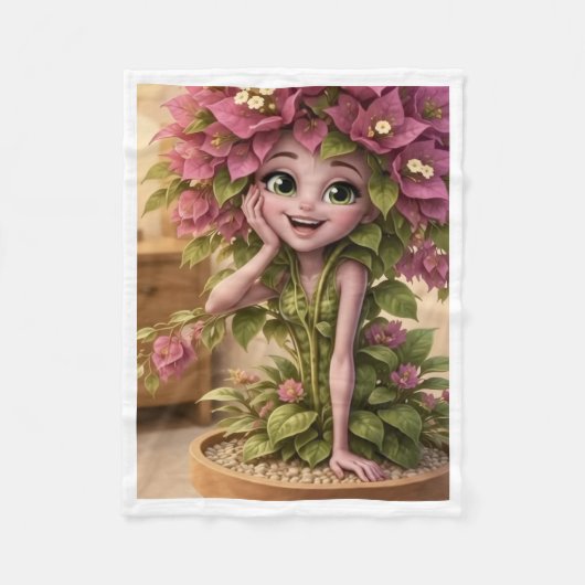 Niedliche Pflanzenfee im Topf mit rosa Blumen-Deck Fleecedecke (Vorderseite)