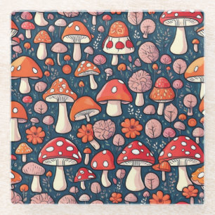 Niedliche Pilze aus rotem Blumen in grüner Dekorat Glasuntersetzer