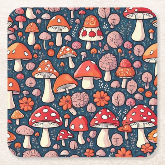 Niedliche Pilze aus rotem Blumen in grüner Dekorat Rechteckiger Pappuntersetzer (Vorderseite)