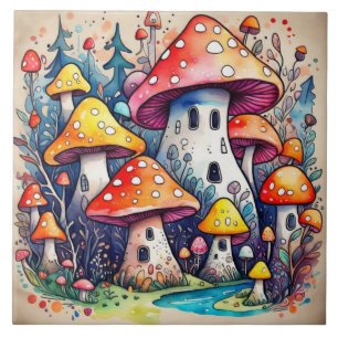 Niedliche Pilze Blätter Hütte Kerndesign Fliese