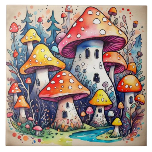 Niedliche Pilze Blätter Hütte Kerndesign Fliese (Vorderseite)
