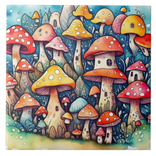 Niedliche Pilze Blätter Hütte Kerndesign Fliese (Vorderseite)