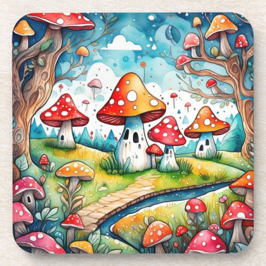 Niedliche Pilze Blätter Hütte Kerndesign Getränkeuntersetzer (Vorderseite)