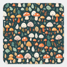 Niedliche Pilze Blätter Hütte Kerndesign Quadratischer Aufkleber