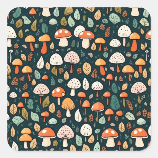 Niedliche Pilze Blätter Hütte Kerndesign Quadratischer Aufkleber (Vorderseite)