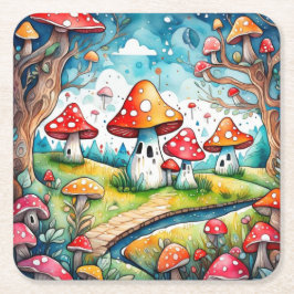Niedliche Pilze Blätter Hütte Kerndesign Rechteckiger Pappuntersetzer