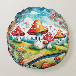 Niedliche Pilze Blätter Hütte Kerndesign Rundes Kissen