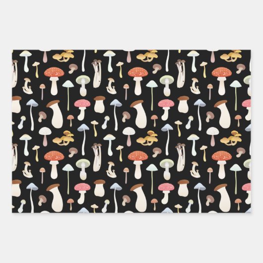 Niedliche Pilze Muster Schwarz, Lila und Weiß Geschenkpapier Set (Vorderseite)