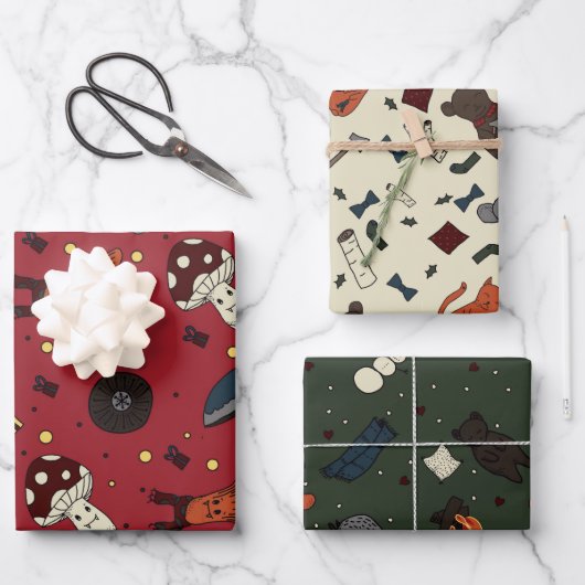 Niedliche Pilze und Bären, Igel, Maus Winter Geschenkpapier Set (Vorderseite)