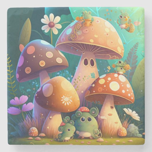 Niedliche Pilze und Blume Käfer grün Steinuntersetzer (Vorderseite)