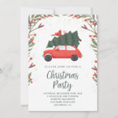 Niedliche Pine Tree & Red Car Schneejause Party Einladung (Vorderseite)