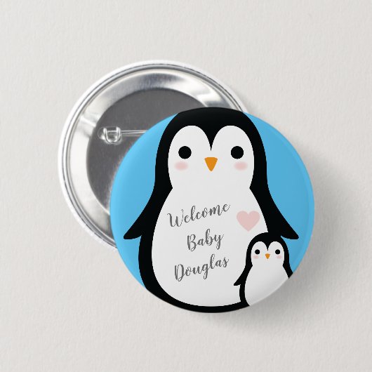 Niedliche Pinguin Baby Dusche Blue Boy Button (Vorne & Hinten)