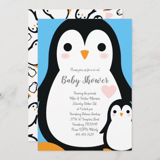 Niedliche Pinguin Baby Dusche Blue Boy Einladung (Vorne/Hinten)