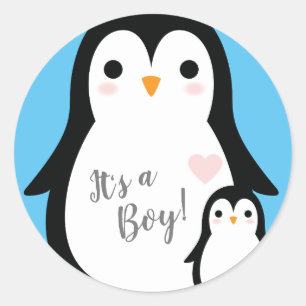 Niedliche Pinguin Baby Dusche Blue Boy Runder Aufkleber