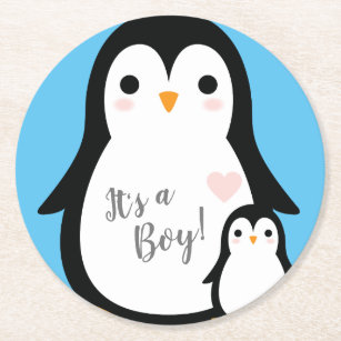 Niedliche Pinguin Baby Dusche Blue Boy Runder Pappuntersetzer