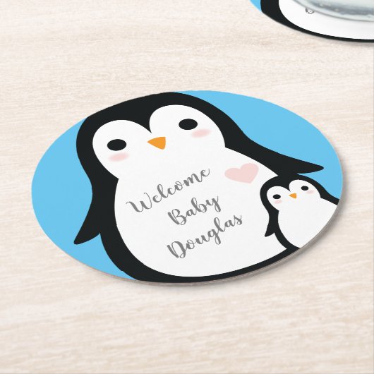 Niedliche Pinguin Baby Dusche Blue Boy Runder Pappuntersetzer (Angewinkelt)